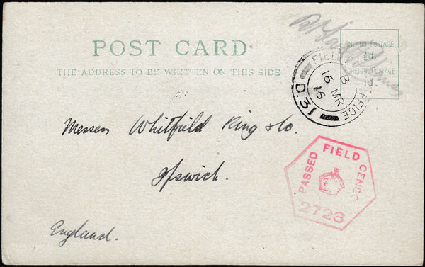 134077 1916 'BEF' MAIL TO WHITFIELD KING, STAMP DEALERS OF IPSWICH.