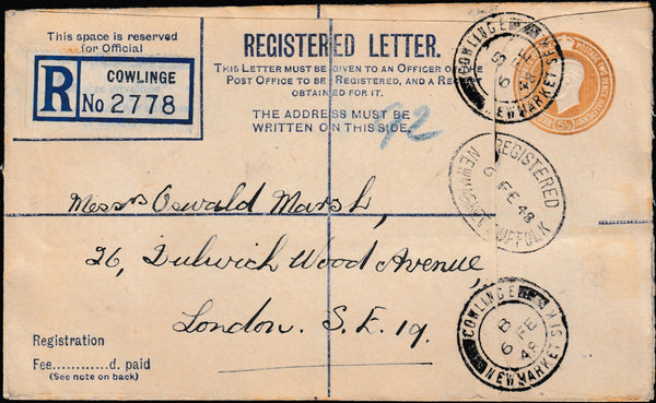 134080 1948 REGISTERED MAIL COWLINGE, SUFFOLK TO OSWALD MARSH, STAMP DEALER.