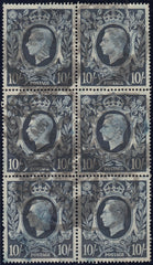 134085 1939 10S DARK BLUE (SG478) USED BLOCK OF SIX WITH VARIETY 'RETOUCH TO LOWER LIP' (SPEC Q32e).