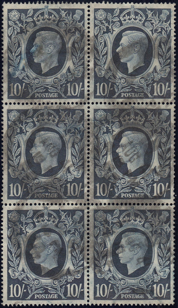 134090 1939 10S DARK BLUE (SG478) USED BLOCK OF SIX WITH INTER-STAMP MARK.