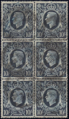 134090 1939 10S DARK BLUE (SG478) USED BLOCK OF SIX WITH INTER-STAMP MARK.