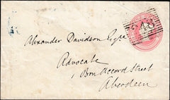 134105 1849 1D PINK ENVELOPE FROM MINTLAW, ABERDEENSHIRE TO ABERDEEN WITH 'CORTES' CIRCULAR HAND STAMP.