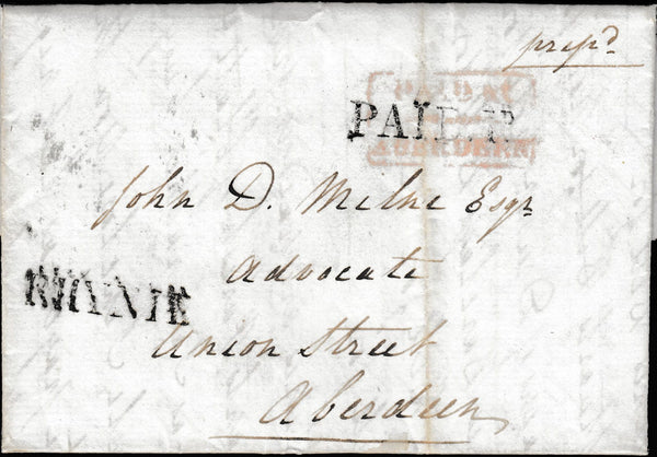 134114 1841 MAIL DRUMINNOR, ABERDEENSHIRE TO ABERDEEN WITH 'RHYNIE' HAND STAMP.
