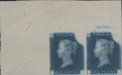 134133 1840 RAINBOW TRIAL UPPER LEFT CORNER MARGINAL PAIR DEEP BLUE ON WHITE WOVE PAPER.