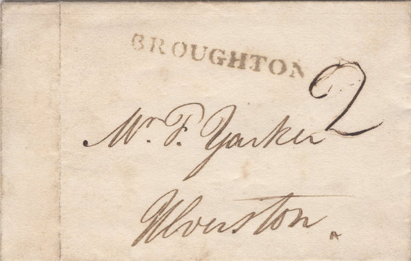 134144 1840 1D BLACK PL.5 (SG2)(KK) ON PIECE CANCELLED 'BROUGHTON' STRAIGHT LINE HAND STAMP IN BLACK (LA190) AND RED MALTESE CROSS.