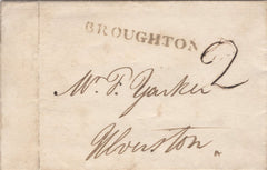 134144 1840 1D BLACK PL.5 (SG2)(KK) ON PIECE CANCELLED 'BROUGHTON' STRAIGHT LINE HAND STAMP IN BLACK (LA190) AND RED MALTESE CROSS.