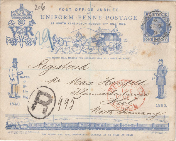 134159 1890 POST OFFICE JUBILEE, 1D BLUE ENVELOPE REGISTERED MAIL TO KIEL, GERMANY.