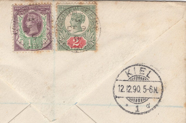 134159 1890 POST OFFICE JUBILEE, 1D BLUE ENVELOPE REGISTERED MAIL TO KIEL, GERMANY.