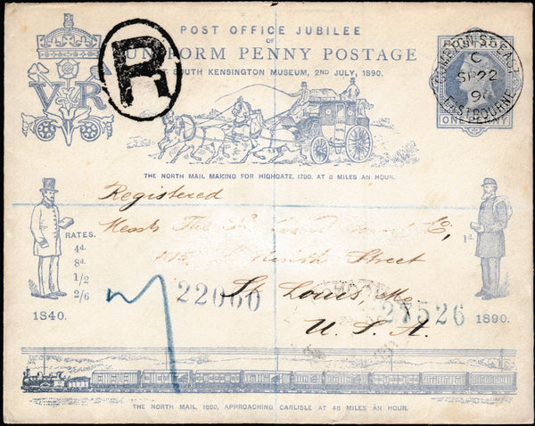 134161 1890 POST OFFICE JUBILEE 1D BLUE ENVELOPE SENT REGISTERED MAIL EASTBOURNE TO AMSTERDAM.