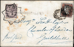 134164 1890 GUILDHALL EXHIBITION, 1849 WRAPPER USED IN LONDON ADDRESSED TO THE GUILDHALL TAKEN TO THE EXHIBITION WITH 1D LILAC (SG172) AND GUILDHALL HAND STAMP APPLIED.