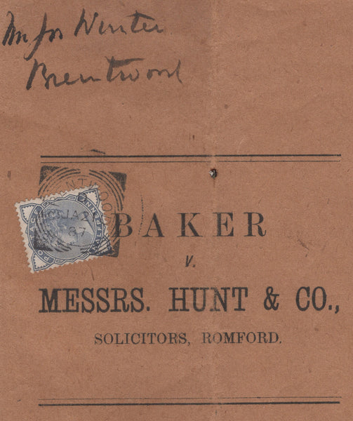 134207 1887 PRINTED PAMPHLET BRENTWOOD TO ROMFORD WITH ½D SLATE BLUE (SG187) 'BRENTWOOD' SQUARED CIRCLE.