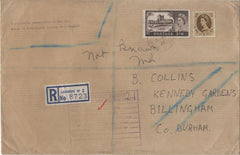 134221 1966 REGISTERED MAIL LONDON TO BILLINGHAM, DURHAM WITH 2/6 CASTLE ISSUE.