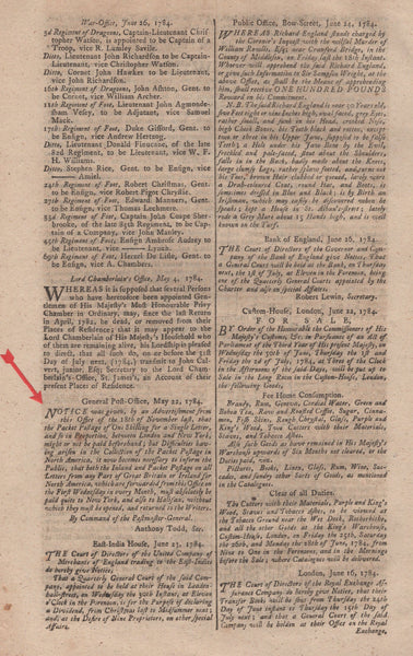 134259 1784 'THE LONDON GAZETTE' ANNOUNCING CHANGES CONCERNING THE PACKET POSTAGE BETWEEN LONDON AND NEW YORK'.