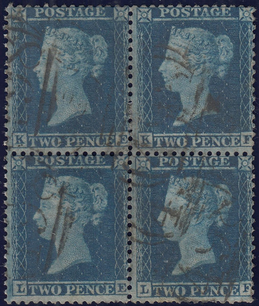 134323 1855 2D BLUE PLATE FIVE L.C.14 (SG34) TWO USED BLOCKS OF FOUR IN THE NORMAL BLUE SHADE AND THE GREENISH-BLUE SHADE (SPEC F6(2).