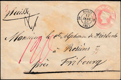 134360 1853 1D PINK ENVELOPE RARE OVERSEAS USAGE FROM PARIS TO FRIBOURG, SWITZERLAND.