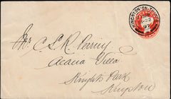134366 1897 ½D VERMILION STATIONERY ENVELOPE USED IN KINGSTON, SURREY.