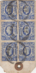 134386 UNDATED PARCEL TAG KGVI 1942 10S ULTRAMARINE (SG478b) X 6, 5S RED (SG477) AND LOW VALUES.
