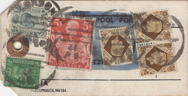 134386 UNDATED PARCEL TAG KGVI 1942 10S ULTRAMARINE (SG478b) X 6, 5S RED (SG477) AND LOW VALUES.