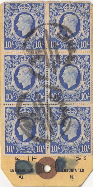 134387 UNDATED PARCEL TAG KGVI 10S ULTRAMARINE (SG478b) X 7, 5S RED (SG477) AND LOW VALUES.