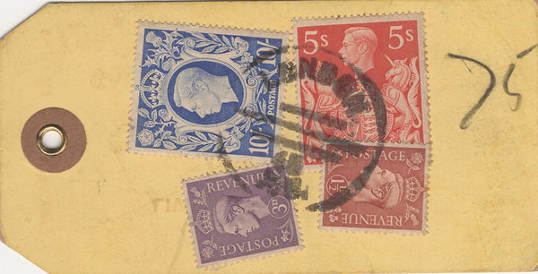 134387 UNDATED PARCEL TAG KGVI 10S ULTRAMARINE (SG478b) X 7, 5S RED (SG477) AND LOW VALUES.