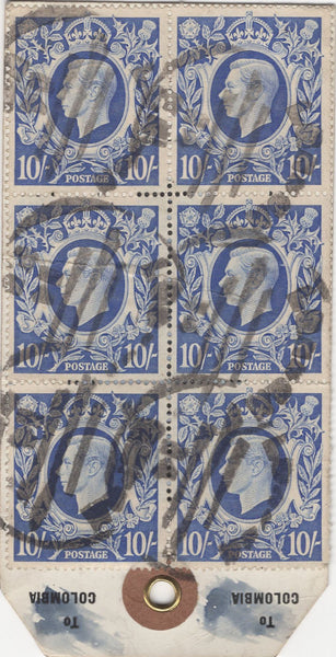 134390 UNDATED PARCEL TAG KGVI 1942 10S ULTRAMARINE (SG478b) BLOCK OF SIX, 5S RED (SG477) AND LOW VALUES.