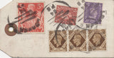 134390 UNDATED PARCEL TAG KGVI 1942 10S ULTRAMARINE (SG478b) BLOCK OF SIX, 5S RED (SG477) AND LOW VALUES.