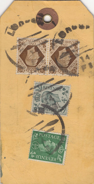 134391 UNDATED PARCEL TAG KGVI 1942 10S ULTRAMARINE (SG478b) BLOCK OF FOUR AND LOW VALUES.