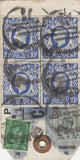 134393 UNDATED PARCEL TAG KGVI 1942 10S ULTRAMARINE (SG478b) BLOCK OF FOUR AND PAIR, ALSO 5S RED (SG477) AND LOW VALUES.