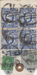 134393 UNDATED PARCEL TAG KGVI 1942 10S ULTRAMARINE (SG478b) BLOCK OF FOUR AND PAIR, ALSO 5S RED (SG477) AND LOW VALUES.