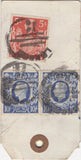 134393 UNDATED PARCEL TAG KGVI 1942 10S ULTRAMARINE (SG478b) BLOCK OF FOUR AND PAIR, ALSO 5S RED (SG477) AND LOW VALUES.