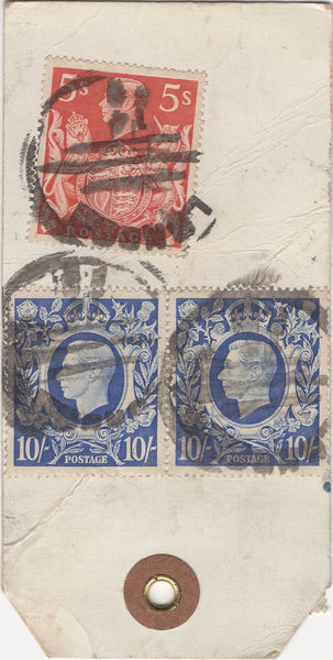 134393 UNDATED PARCEL TAG KGVI 1942 10S ULTRAMARINE (SG478b) BLOCK OF FOUR AND PAIR, ALSO 5S RED (SG477) AND LOW VALUES.