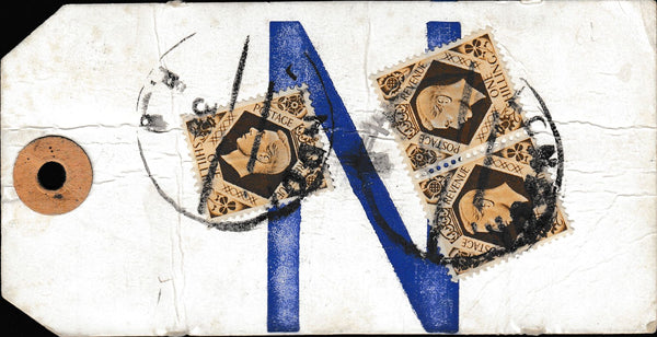 134395 UNDATED PARCEL TAG KGVI 1942 10S ULTRAMARINE (SG478b) X 3, 5S RED (SG477) AND LOW VALUES.