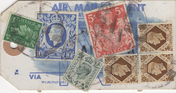 134397 UNDATED PARCEL TAG KGVI 1942 10S ULTRAMARINE (SG478b), 5S RED (SG477) AND LOW VALUES.