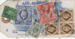 134397 UNDATED PARCEL TAG KGVI 1942 10S ULTRAMARINE (SG478b), 5S RED (SG477) AND LOW VALUES.