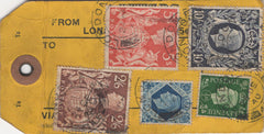 134399 1940 PARCEL TAG KGVI 1939 10S DARK BLUE (SG478), 2/6 BROWN (SG476), 5S RED (SG477) AND LOW VALUES.