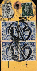 134400 UNDATED PARCEL TAG KGVI 1942 10S ULTRAMARINE (SG478b) BLOCK OF FOUR AND PAIR WITH LOW VALUES.