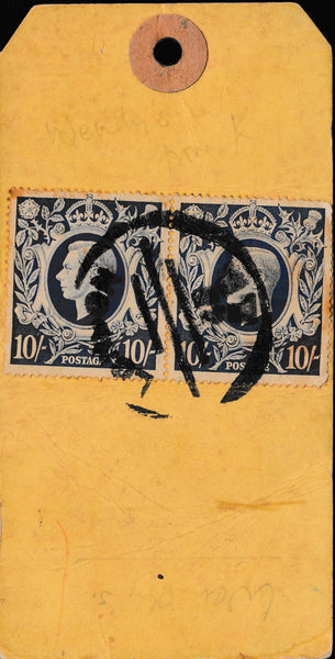 134400 UNDATED PARCEL TAG KGVI 1942 10S ULTRAMARINE (SG478b) BLOCK OF FOUR AND PAIR WITH LOW VALUES.