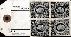 134401 1940 PARCEL TAG KGVI 10S DARK BLUE (SG478) BLOCK OF FOUR AND SINGLE, 2/6 BROWN (SG476) AND LOW VALUES.
