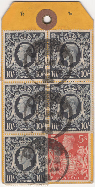 134403 1941 PARCEL TAG KGVI 10S DARK BLUE (SG478) BLOCK OF FOUR AND SINGLE, 5S RED (SG477), 2/6 BROWN (SG476) AND LOW VALUES.