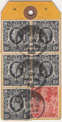 134403 1941 PARCEL TAG KGVI 10S DARK BLUE (SG478) BLOCK OF FOUR AND SINGLE, 5S RED (SG477), 2/6 BROWN (SG476) AND LOW VALUES.
