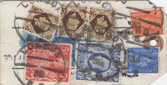 134404 UNDATED PARCEL TAG KGVI 1942 10S ULTRAMARINE (SG478b), 5S RED (SG477) AND LOW VALUES.