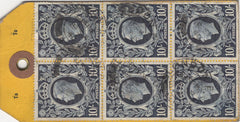 134405 1940 PARCEL TAG KGVI 10S DARK  BLUE (SG478) BLOCK OF SIX, THREE SINGLES AND 5S RED (SG477).