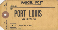 134411 CIRCA 1940 UNUSED PARCEL TAG 'LONDON PARCEL POST/TO PORT LOUIS (MAURITIUS)'.