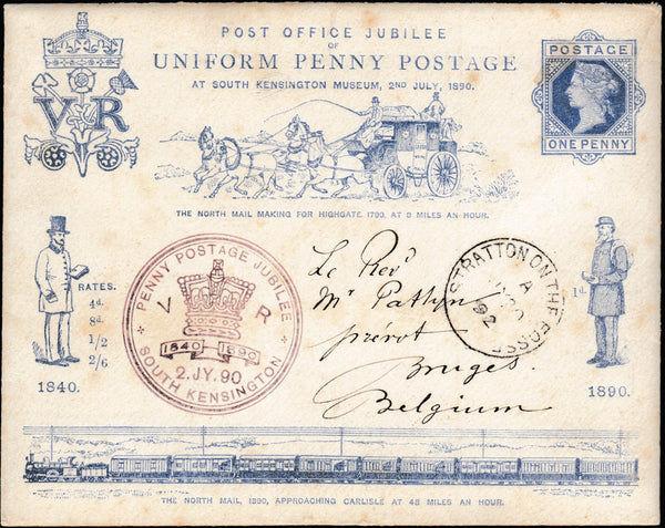 134416 1890 PENNY POSTAGE JUBILEE, 1D BLUE ENVELOPE CANCELLED FIRST DAY SOUTH KENSINGTON EXHIBITION, RE-USED 1892 TO BELGIUM AND POSTED UNPAID.