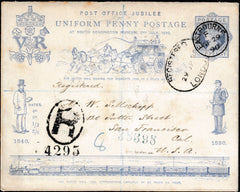 134417 1890 PENNY POSTAGE JUBILEE, 1D BLUE ENVELOPE EASTBOURNE TO USA SENT REGISTERED MAIL SEPTEMBER 1890.