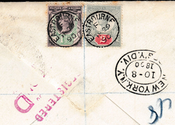 134417 1890 PENNY POSTAGE JUBILEE, 1D BLUE ENVELOPE EASTBOURNE TO USA SENT REGISTERED MAIL SEPTEMBER 1890.