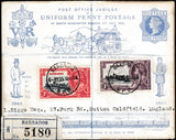 134420 1890 PENNY POSTAGE JUBILEE 1D BLUE ENVELOPE AND INSERT CARD SENT REGISTERED MAIL 1935 FROM BARBADOS TO SUTTON COLDFIELD WITH BARBADOS SET OF FOUR SILVER JUBILEE.