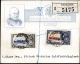 134420 1890 PENNY POSTAGE JUBILEE 1D BLUE ENVELOPE AND INSERT CARD SENT REGISTERED MAIL 1935 FROM BARBADOS TO SUTTON COLDFIELD WITH BARBADOS SET OF FOUR SILVER JUBILEE.