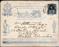 134424 1890 PENNY POSTAGE JUBILEE, 1D BLUE ENVELOPE LONDON TO VICTORIA, BRITISH COLUMBIA.