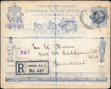 134425 1890 PENNY POSTAGE JUBILEE, 1D BLUE ENVELOPE REGISTERED MAIL CHARING CROSS TO MONTREAL IN 1913 WITH TWO 1D PINK CUT OUTS PAYING REGISTRATION.